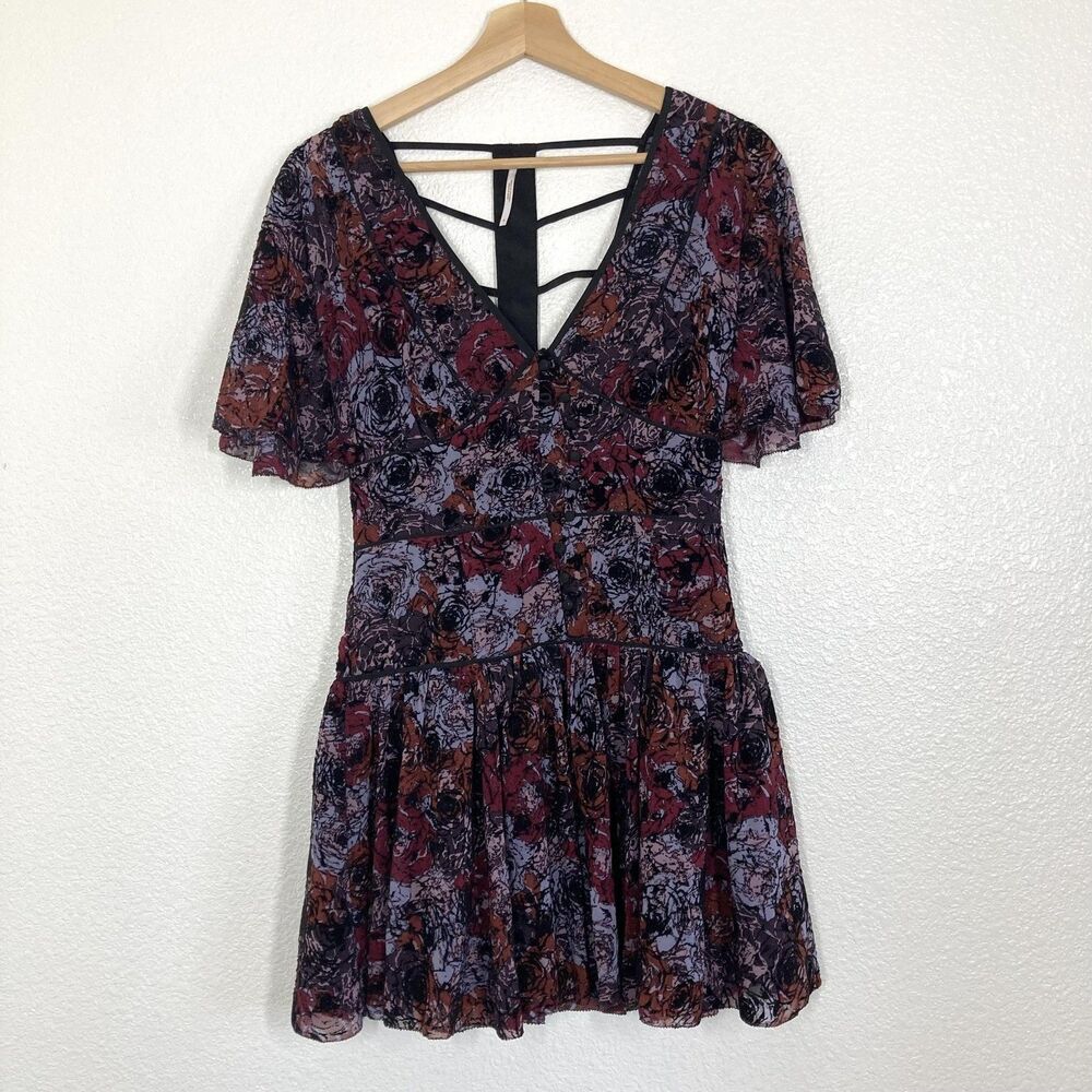 Free People Dress Womens 0 Purple Burgundy Floral Mini V Neck Strappy Back Boho